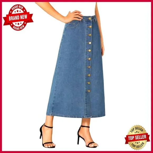 A Line Denim Midi Skirt High Waist Button Down Casual Elegant Y2K Retro - Picture 4 of 7